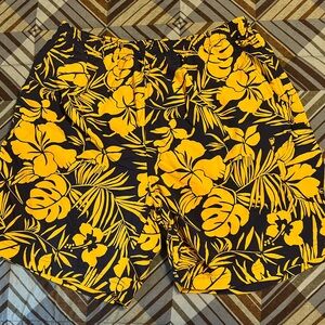 St. John's Bay Yellow and Navy Swim Trunks Tropical Print